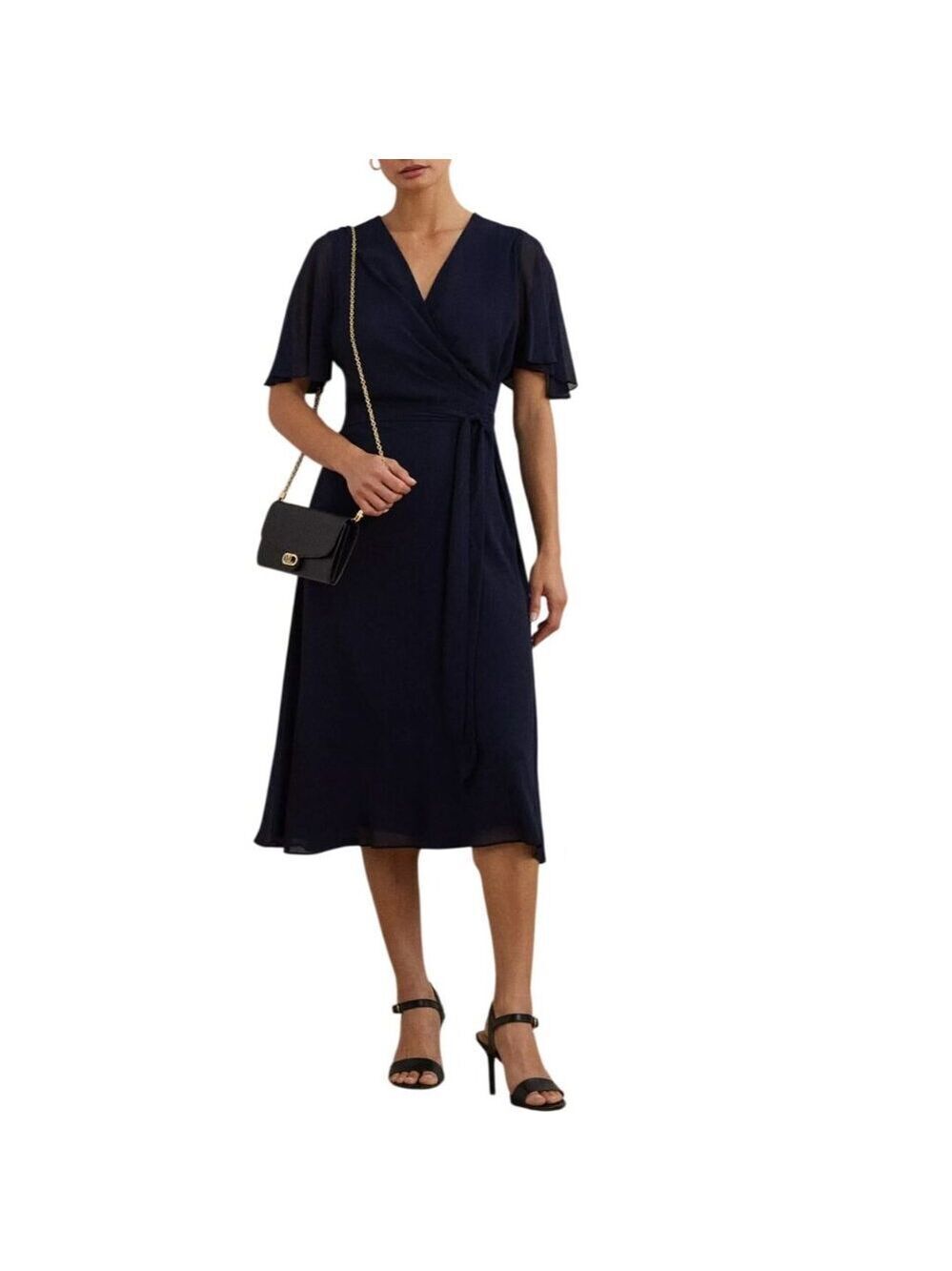 NWT Lauren Ralph Lauren Belted Georgette Dress Fit & Flare Navy 12 MSRP $145
